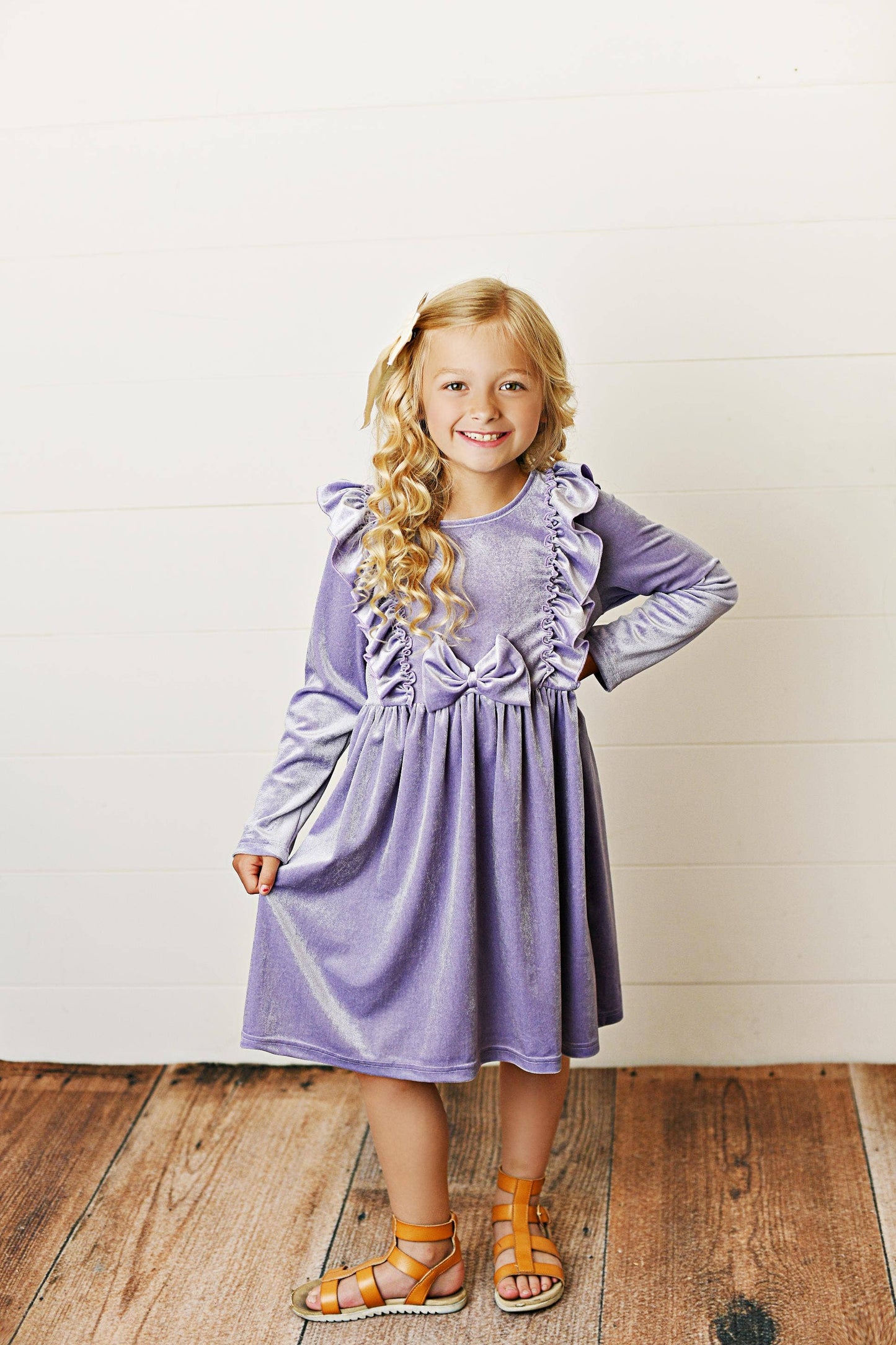 Kids Lavender Velvet bow Ruffle Fancy Holiday Party Dress