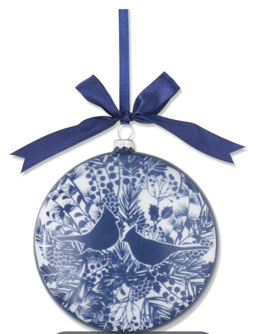 blue and white floral print birds flat round glass ornments