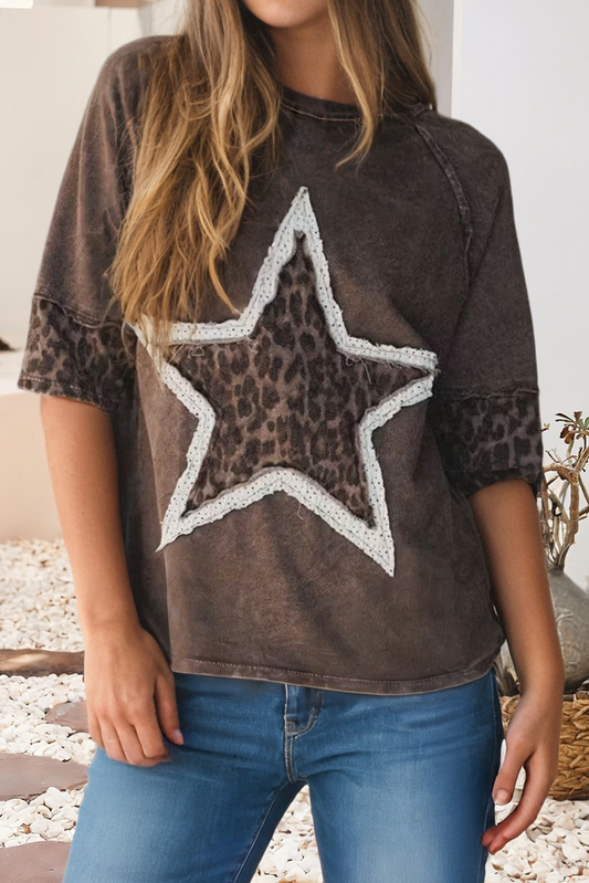Mineral Wash Exposed Seam Leopard Star Patched T Shirt