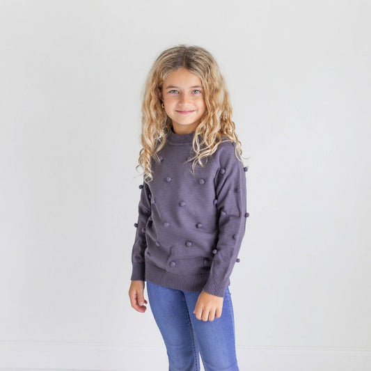 Kids Dark Gray Pom Pom Fall Winter Crew Neck Sweater