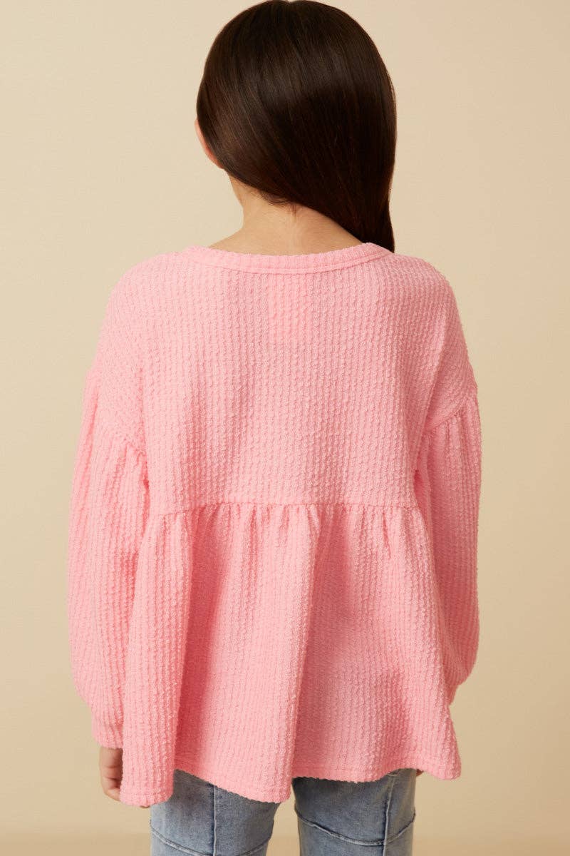 Girls Textured Crushed Rib Puff Sleeve Peplum Knit Top