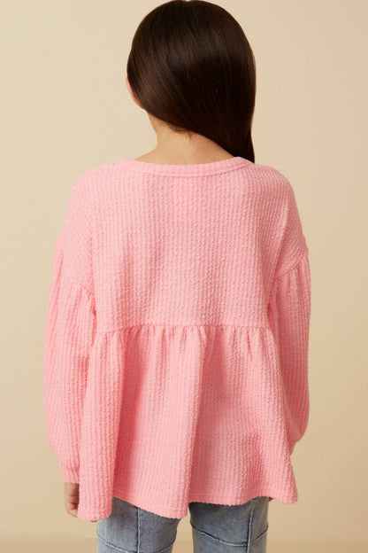 Girls Textured Crushed Rib Puff Sleeve Peplum Knit Top