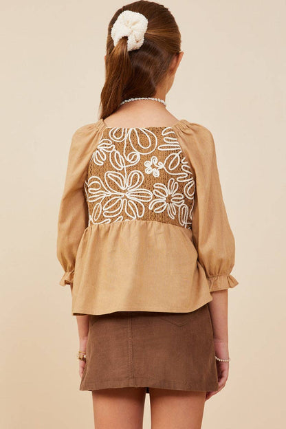 Girls Floral Embroidered Mix Media Peplum Top