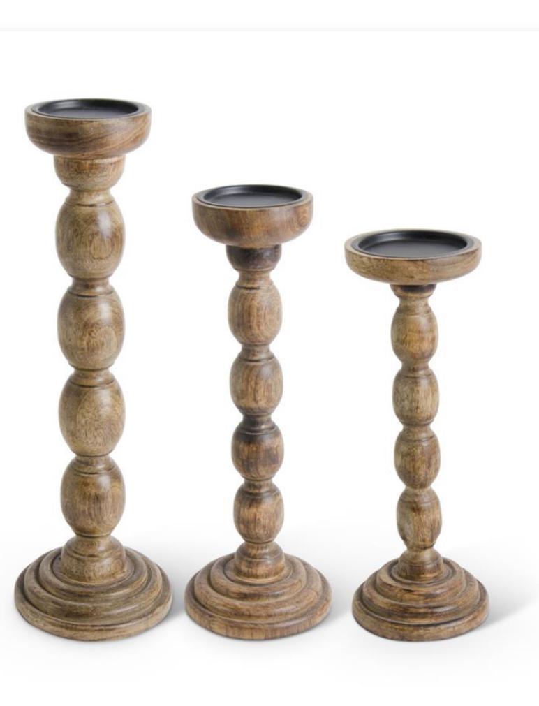 Brown wood spindle candleholders