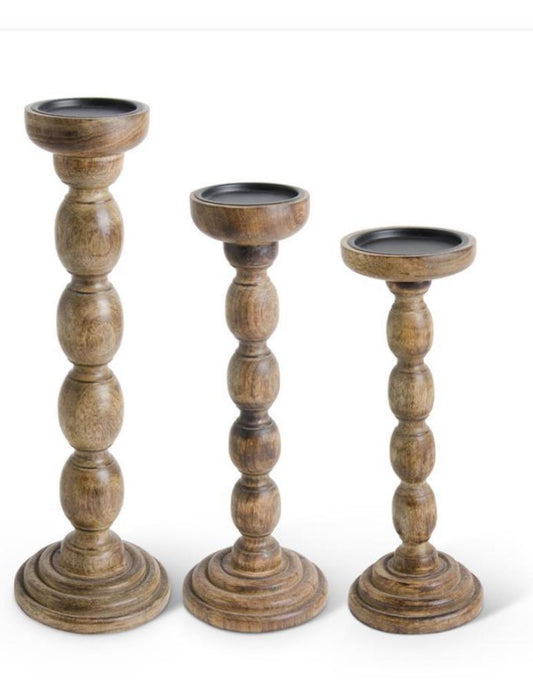 Brown wood spindle candleholders