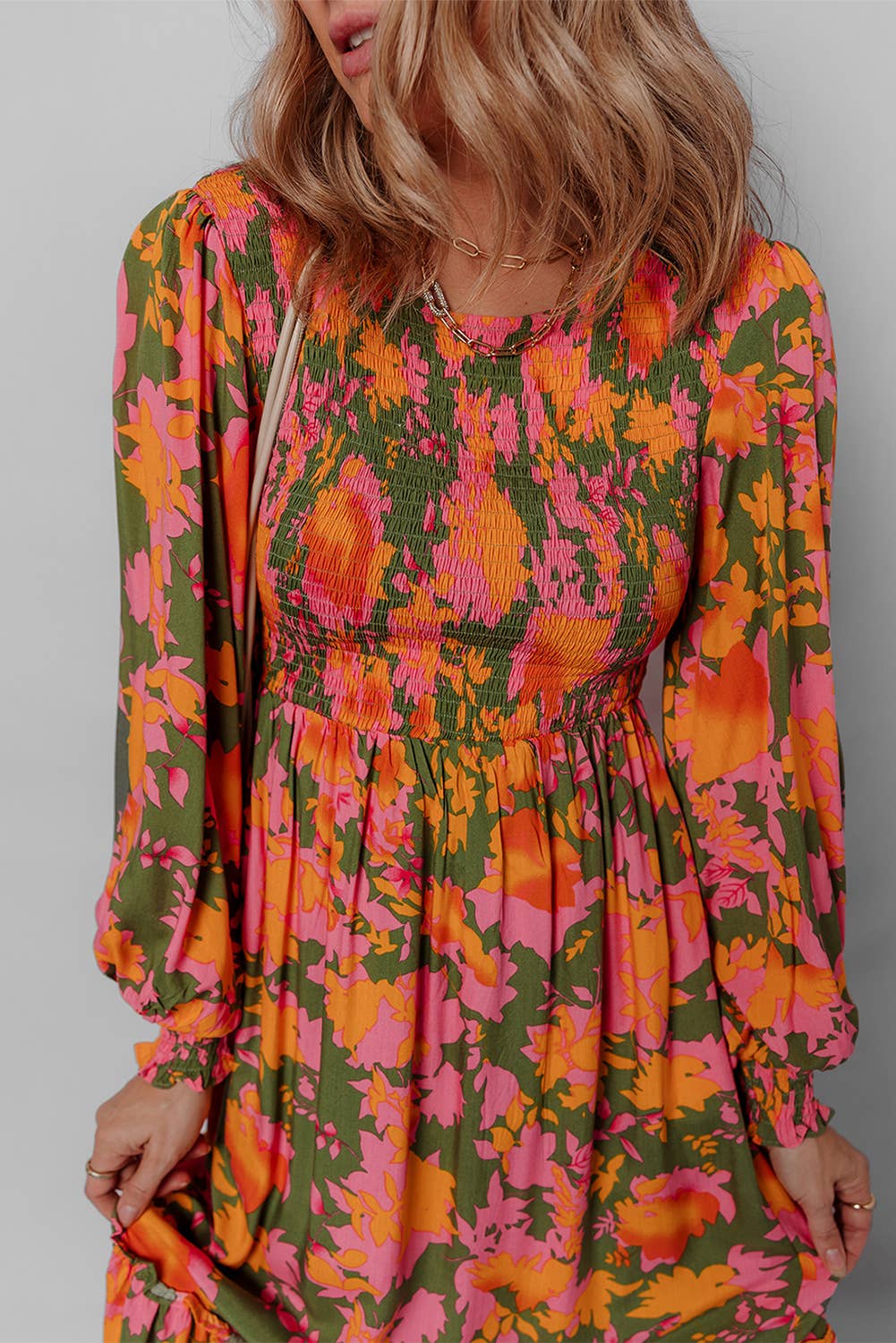 LDC Floral Smocked Puff Sleeve Ruffled Long Dress