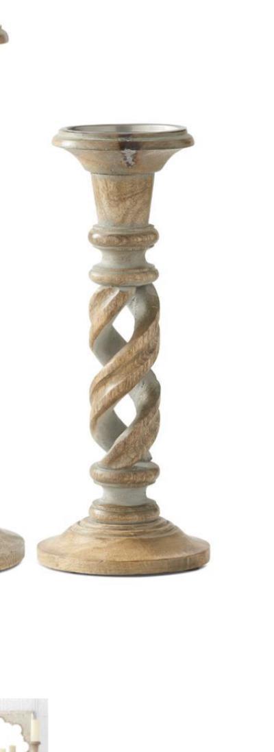 GRAY WASHED WOOD SPIRAL CUTOUT CANDLEHOLDERS