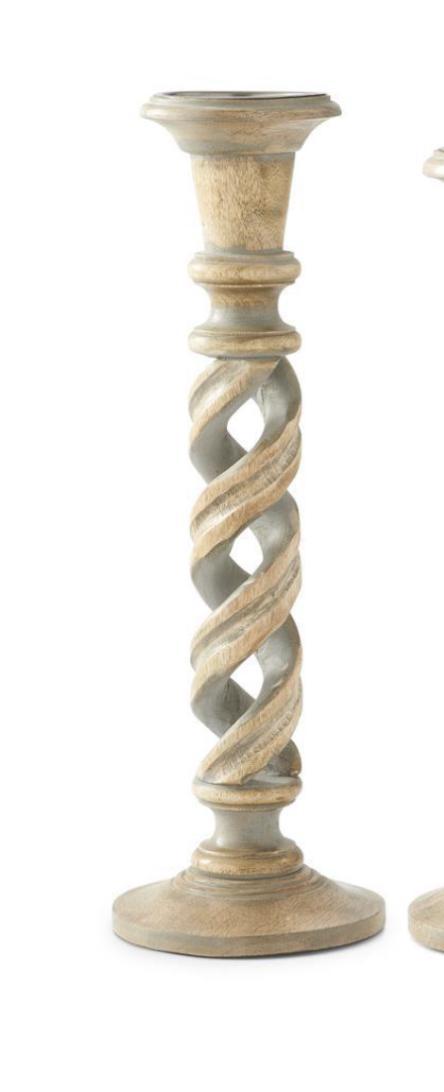 GRAY WASHED WOOD SPIRAL CUTOUT CANDLEHOLDERS