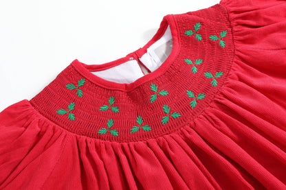 Red Corduroy Mistletoe Smocked Bishop Dress