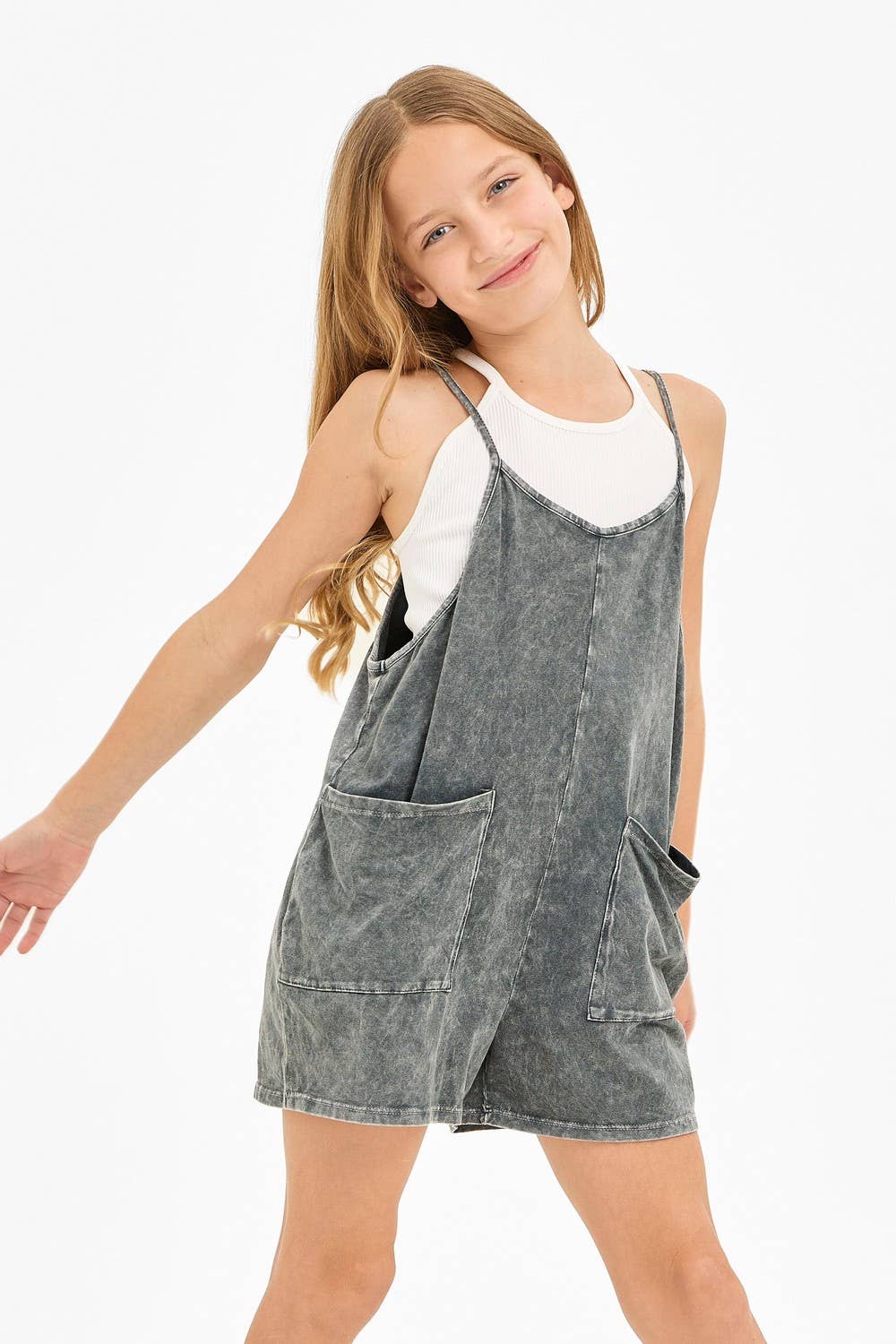 Two Pocket Mineral Wash Overall Romper / Onesieu