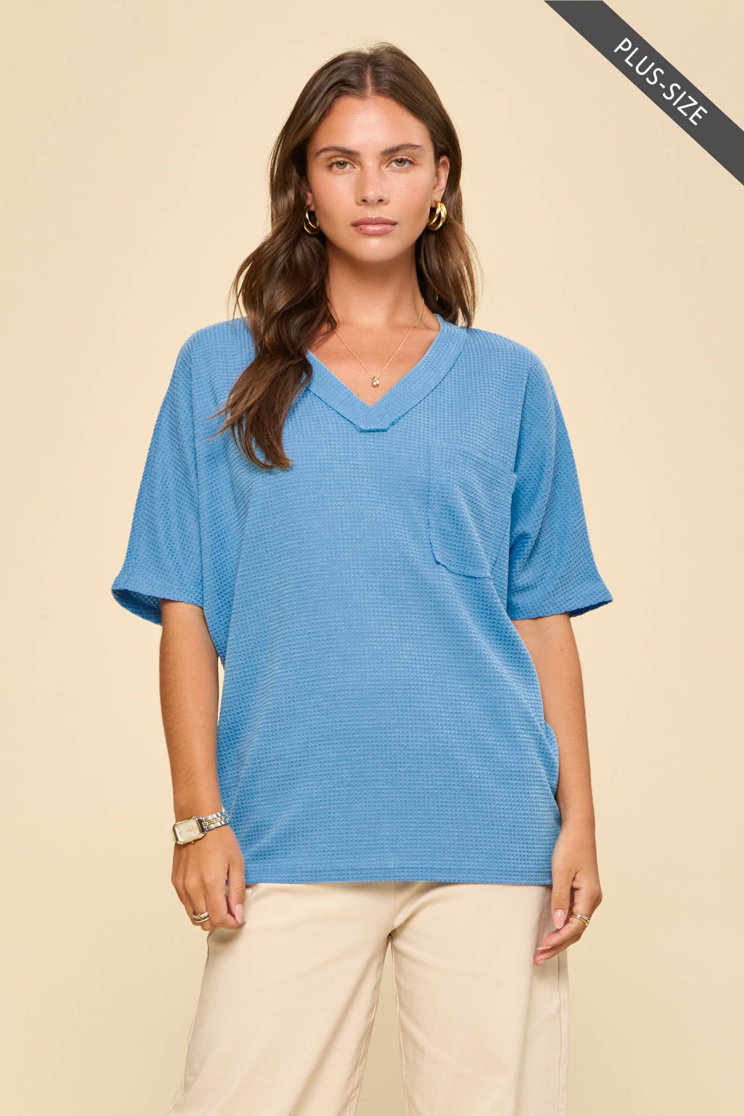 PLUS SIZE Two Tone Waffle Knit Top