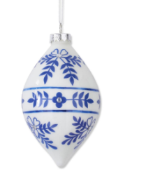 5.25" White/ W Blue Snowflake Glass Teardrop Ornament