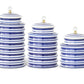 Blue and white ribbed canisters with crystal knobs