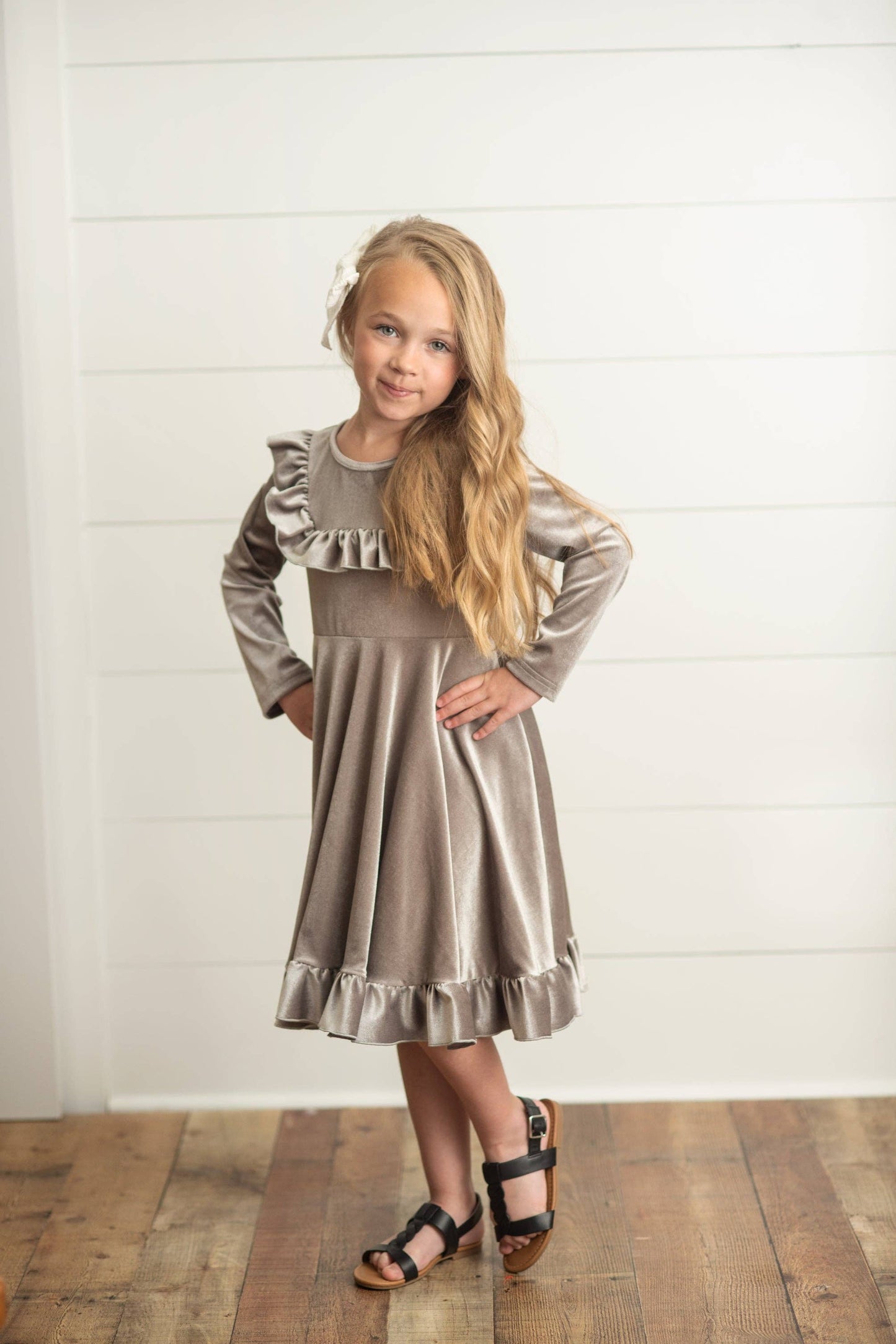 Kids Gray Silver Velvet Ruffle Fancy Christmas Party Dress