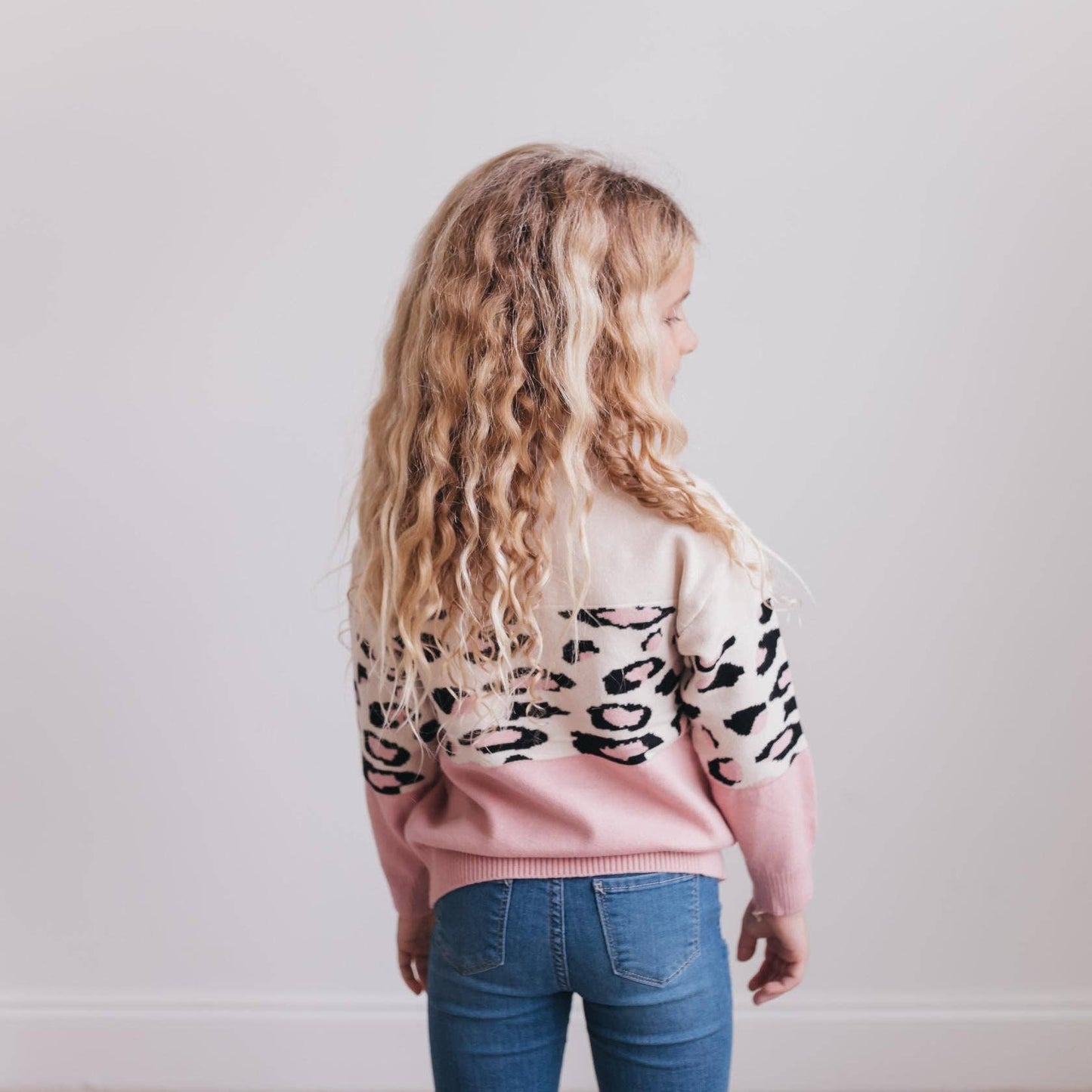 Kids Pink Cream Leopard Crew Neck Fall Winter Sweater