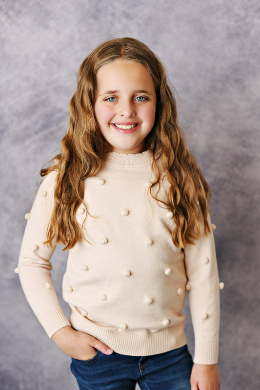 Kids Cream Beige Pom Pom Fall Winter Crew Neck Sweater