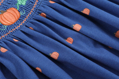 Blue Pumpkin Print Knit Smocked Bishop Dress