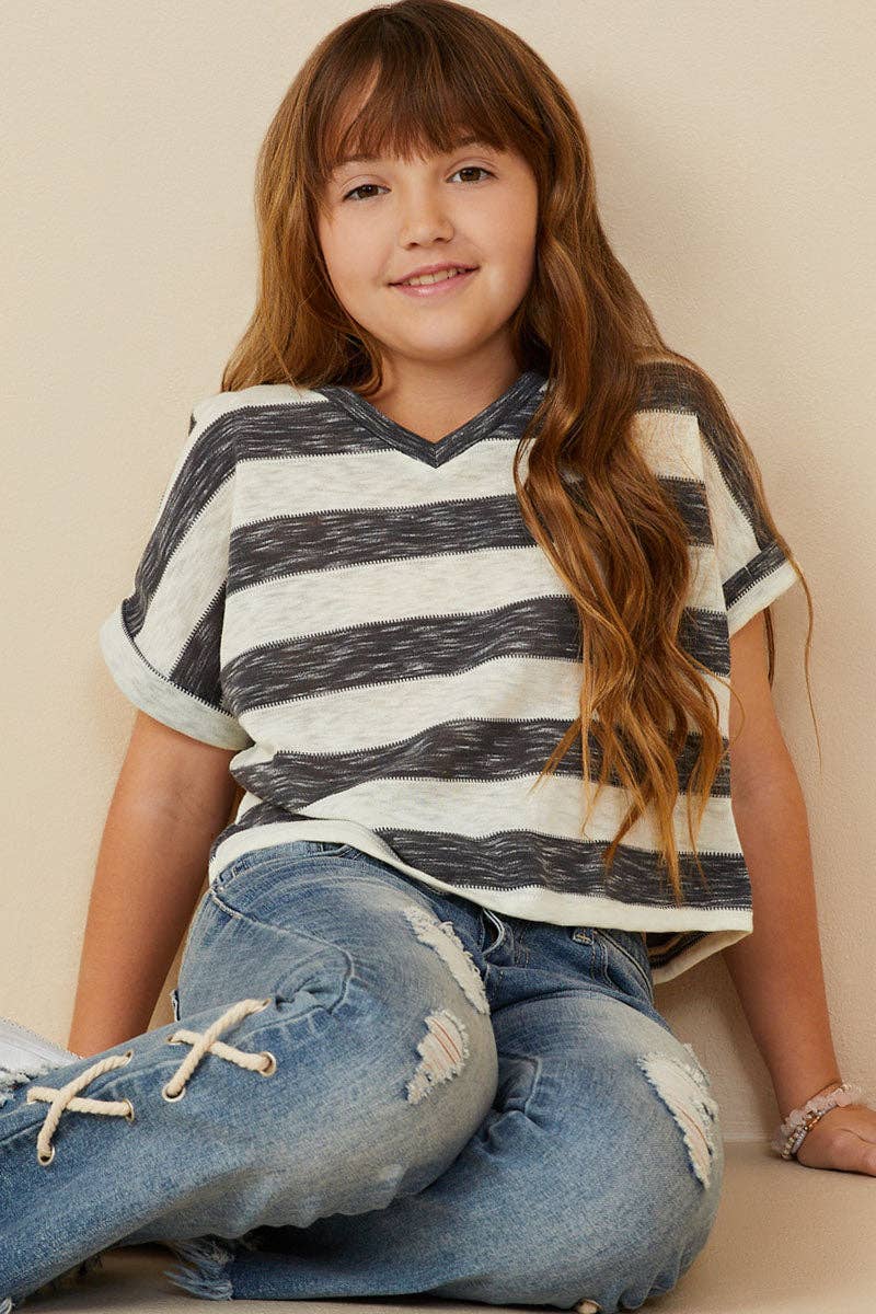 Girls Heathered Stripe V Neck Knit Top
