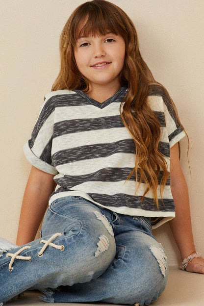 Girls Heathered Stripe V Neck Knit Top