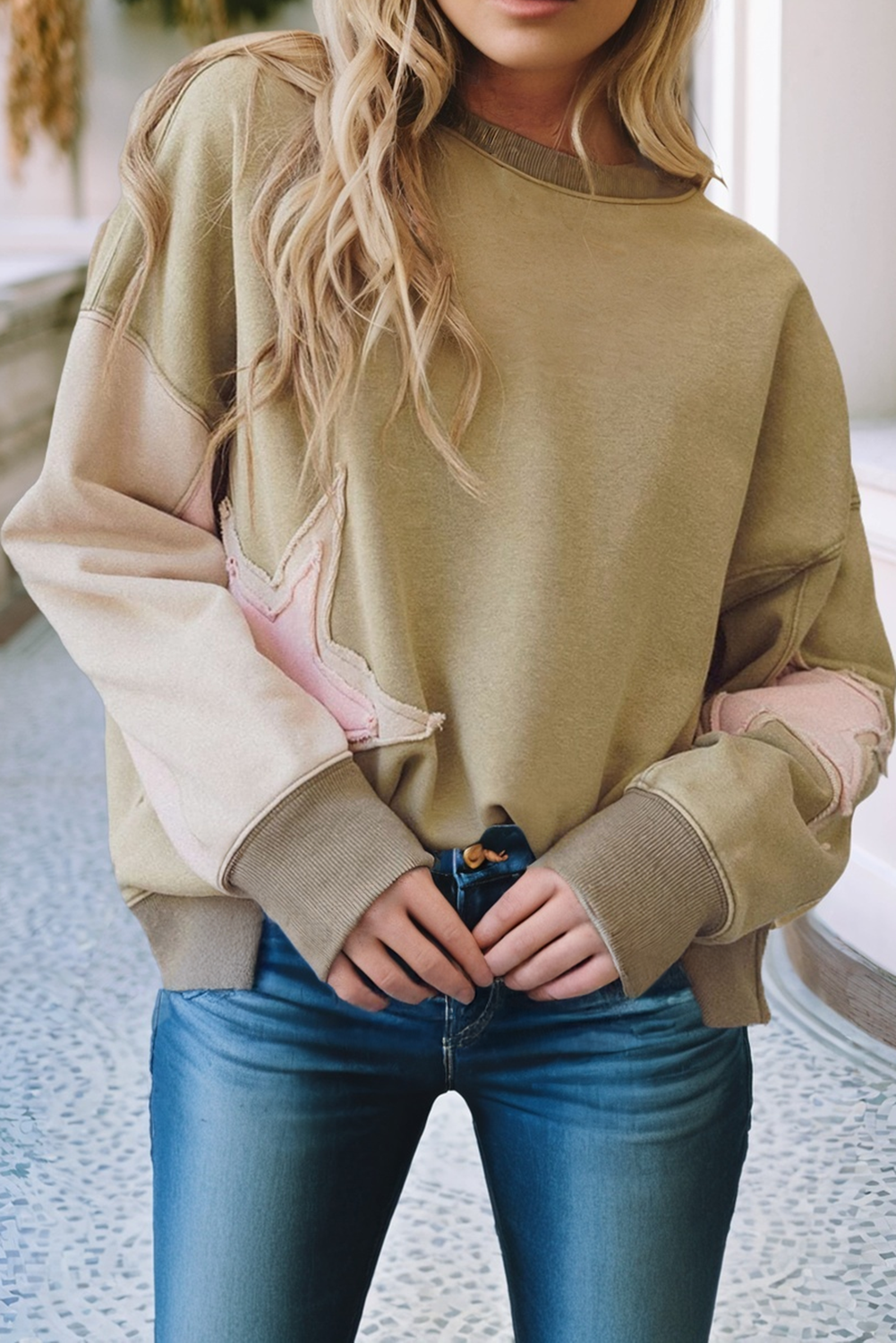 LDC Contrast Star Patchwork Exposed Seam Shoulder Sweatshirt