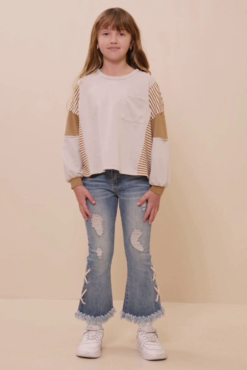 Girls Stripe And Color Block Sleeve Detail Knit Top