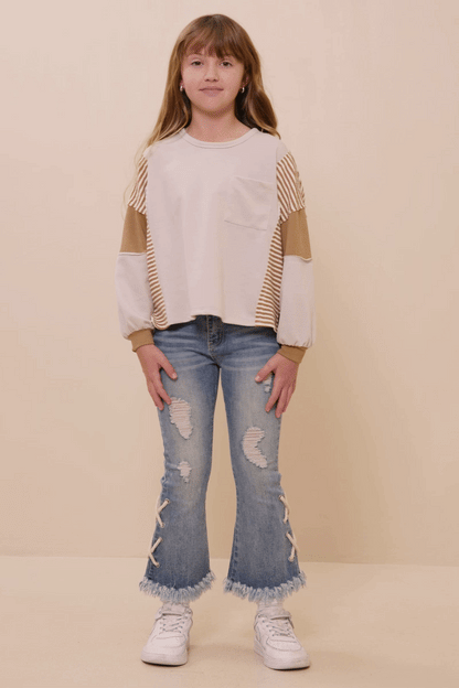 Girls Stripe And Color Block Sleeve Detail Knit Top