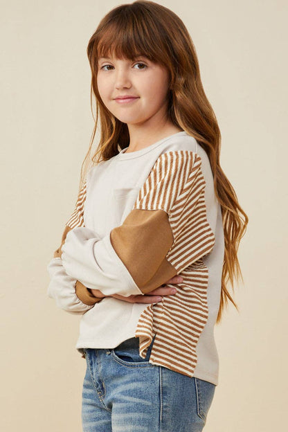 Girls Stripe And Color Block Sleeve Detail Knit Top