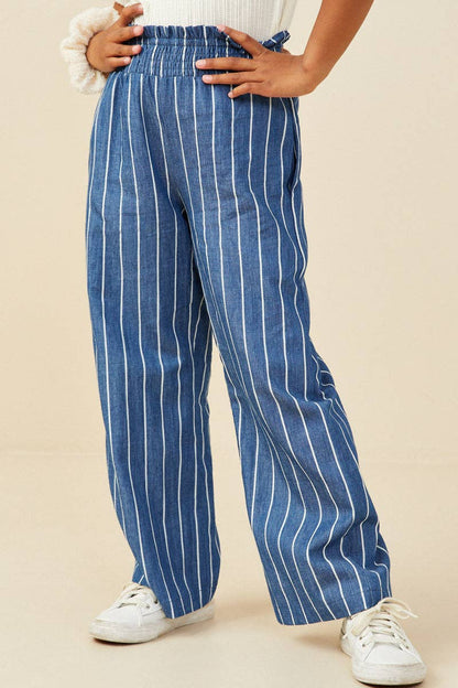 Girls Smocked Waist Pinstripe Wideleg Chambray Pants