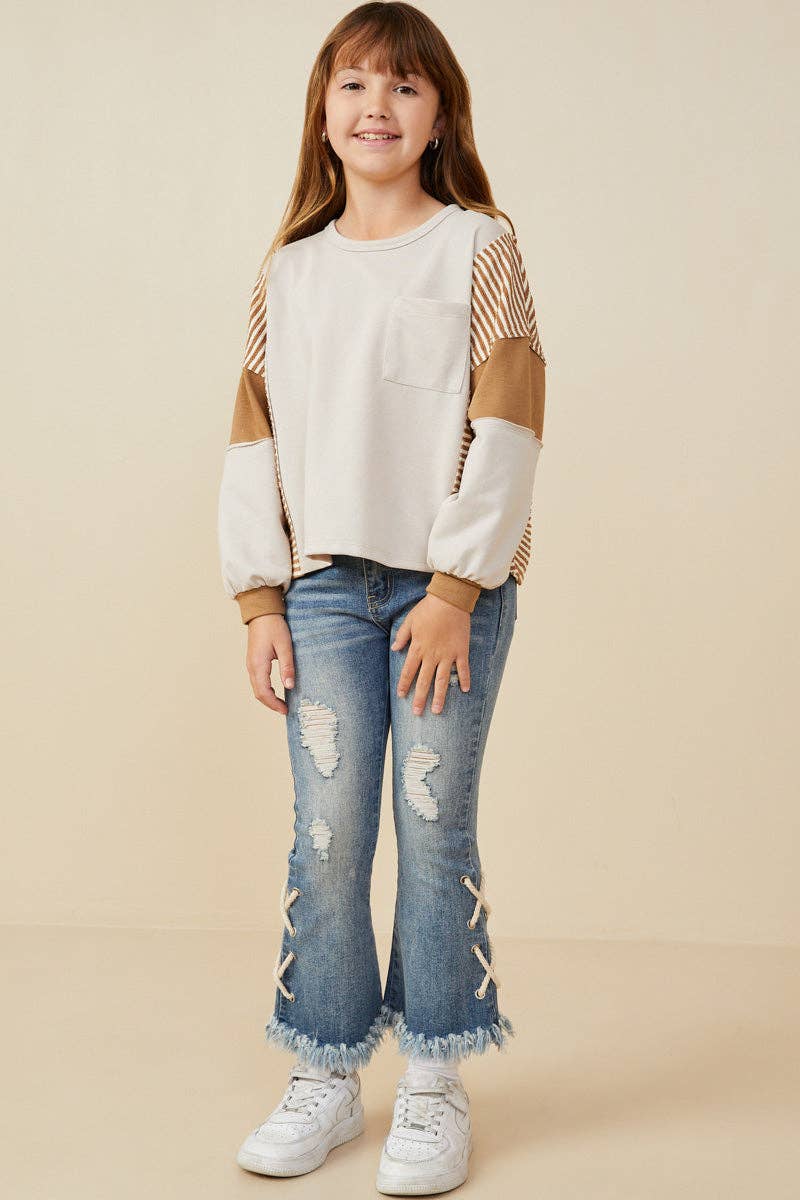 Girls Stripe And Color Block Sleeve Detail Knit Top