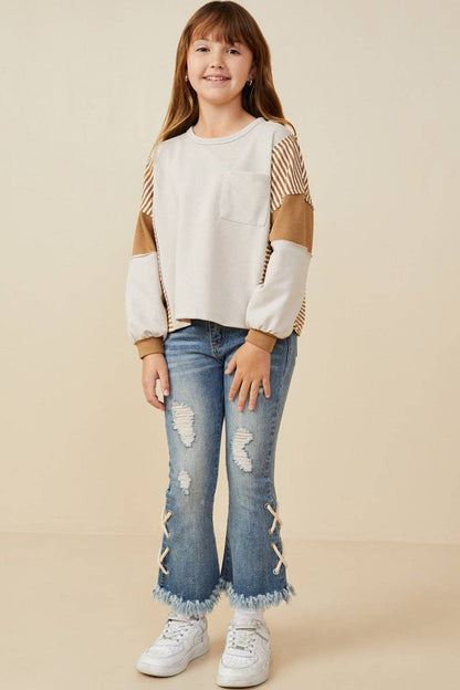 Girls Stripe And Color Block Sleeve Detail Knit Top