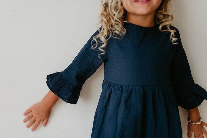 Kids Navy Blue Ruffle Long Sleeve Shirt With Buttons