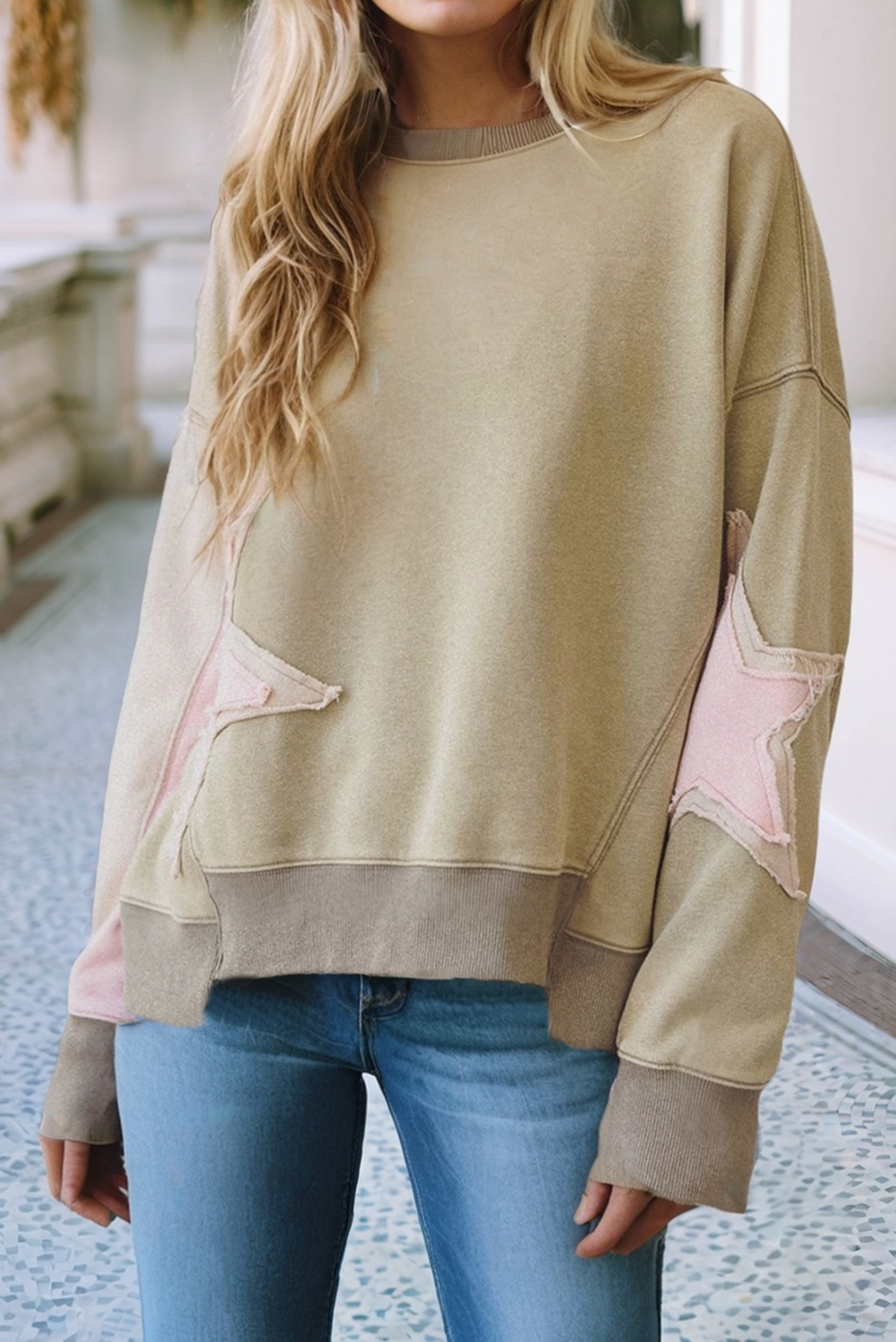 LDC Contrast Star Patchwork Exposed Seam Shoulder Sweatshirt