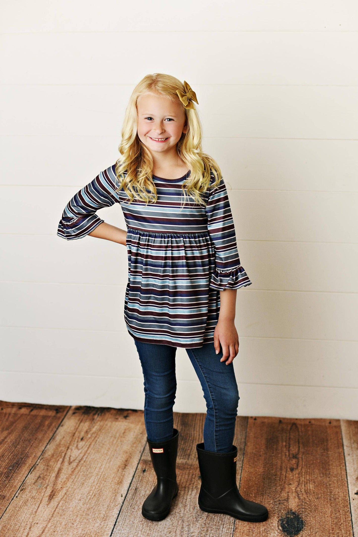 Kids Fall Winter Navy Blue Stripe Ruffle Shirt Top Blouse