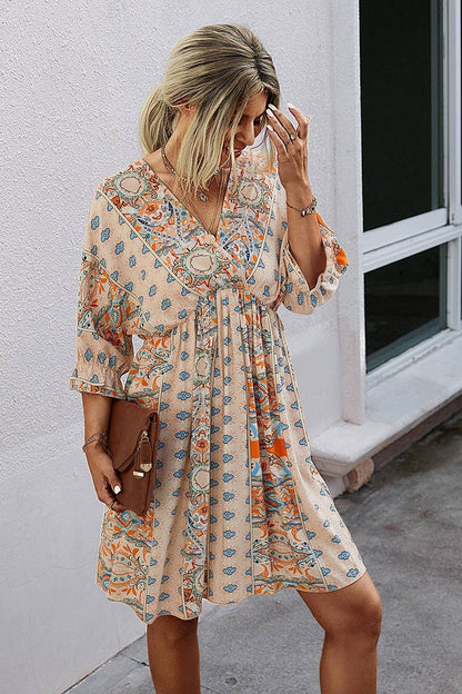 Boho Print Wrap Neck Tie Back Pleated Hem Dress