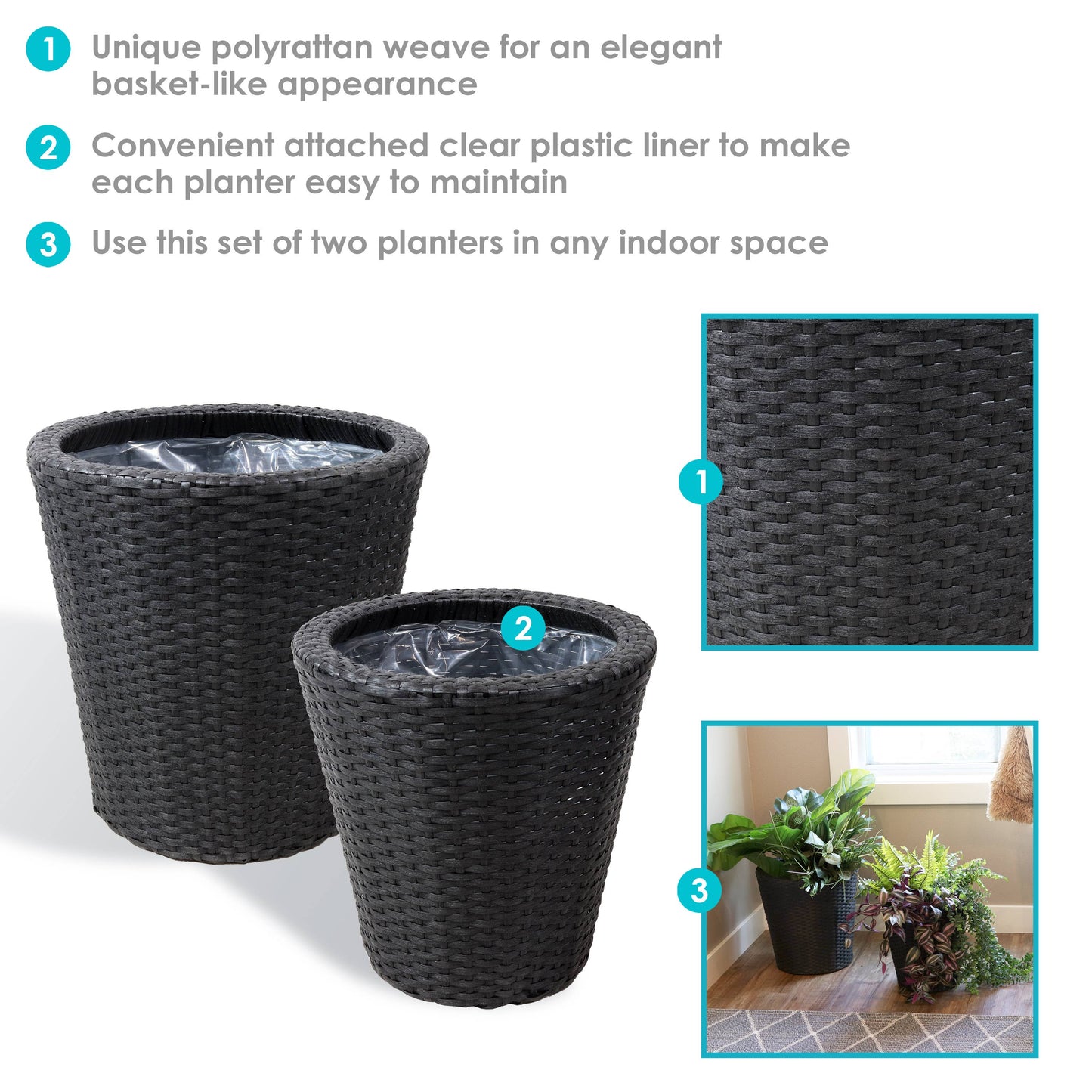 Round Polyrattan Indoor Planters - Black