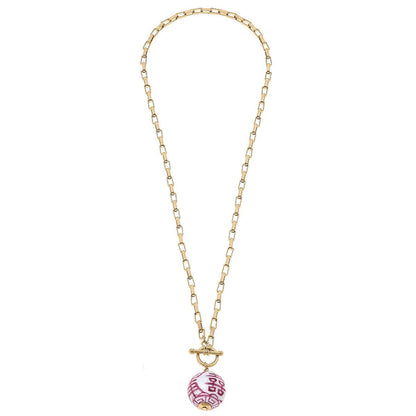 Laurel Chinoiserie T-Bar Necklace in Pink & White