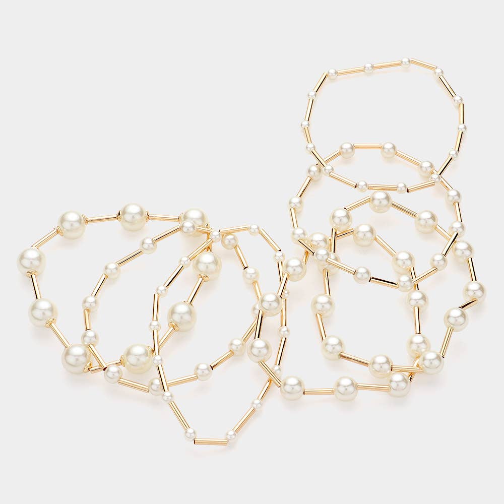 7PCS - Pearl Metal Ball Beaded Stretch Multi Layered Bracelets