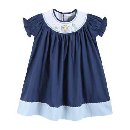 Dark Blue Nativity Smocked Bishop Dress