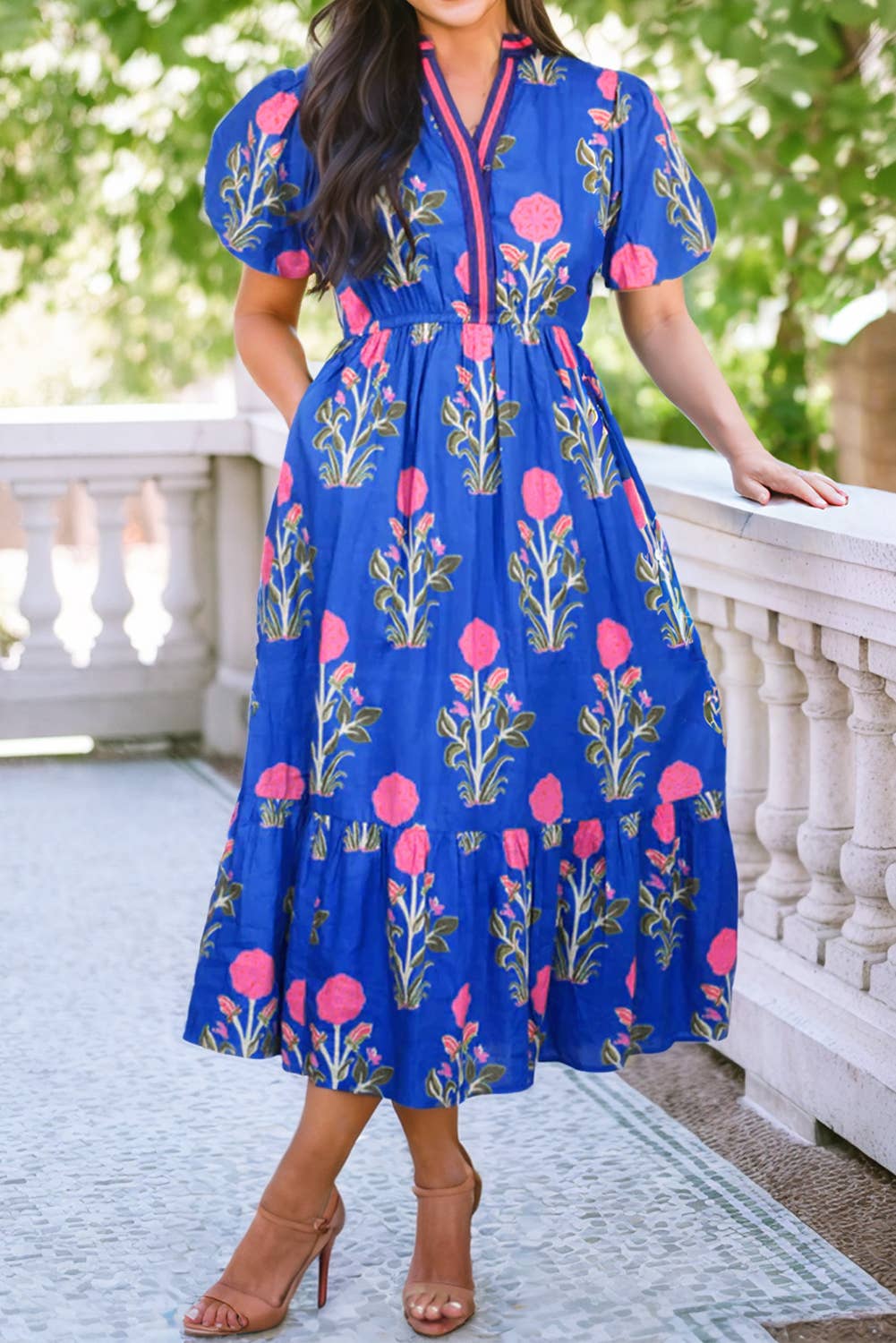 LDC Floral Puff Short Sleeve V Neck High Waist Maxi Dress