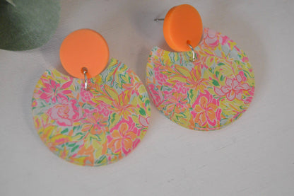 Preppy Earrings, Colorful Notched Circle Earrings, Floral