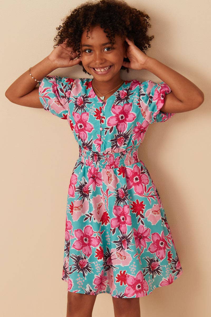 Girls Floral Print Smocked Waist Button Detail Dress
