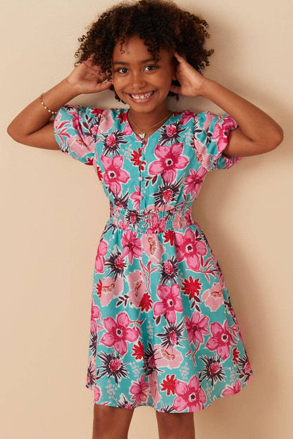Girls Floral Print Smocked Waist Button Detail Dress