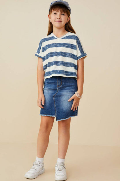 Girls Heathered Stripe V Neck Knit Top