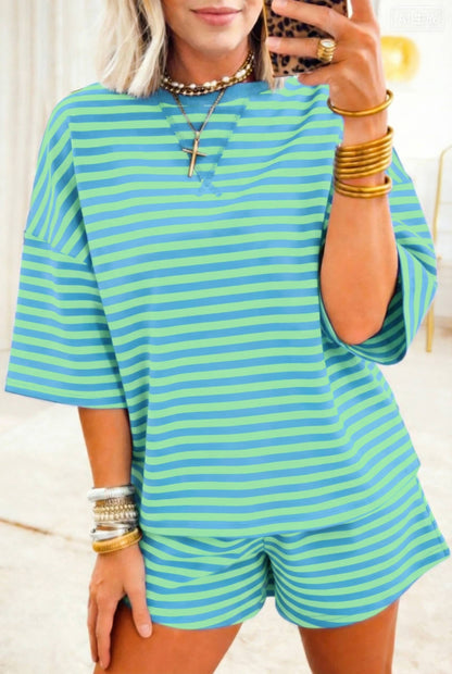 LDC Stripe Dropped Shoulder Tee Loose 2pcs Short Set