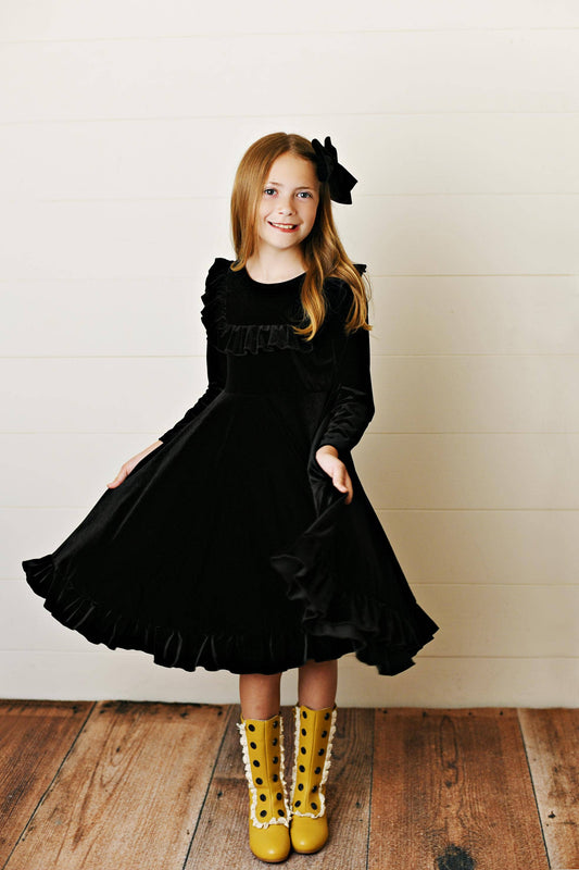 Kids Black Velvet Ruffle Fancy Winter Christmas Party Dress