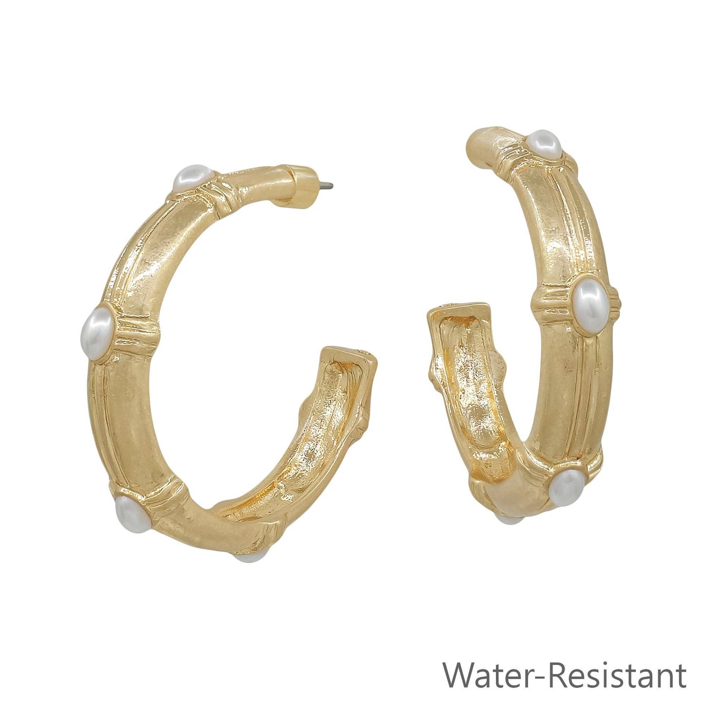 Water Resistant Hammered Hoop with Pearl 2" Earring