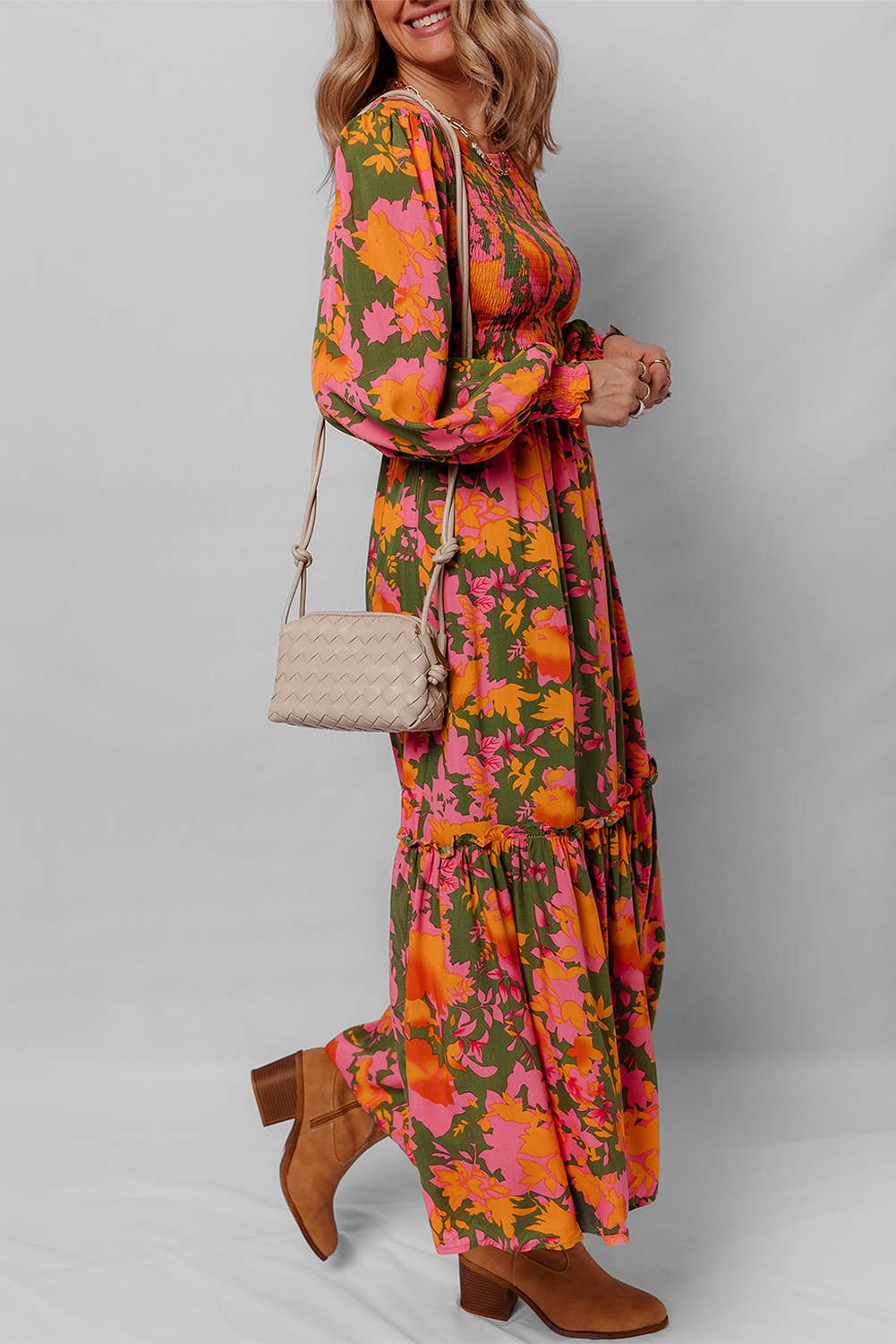 LDC Floral Smocked Puff Sleeve Ruffled Long Dress