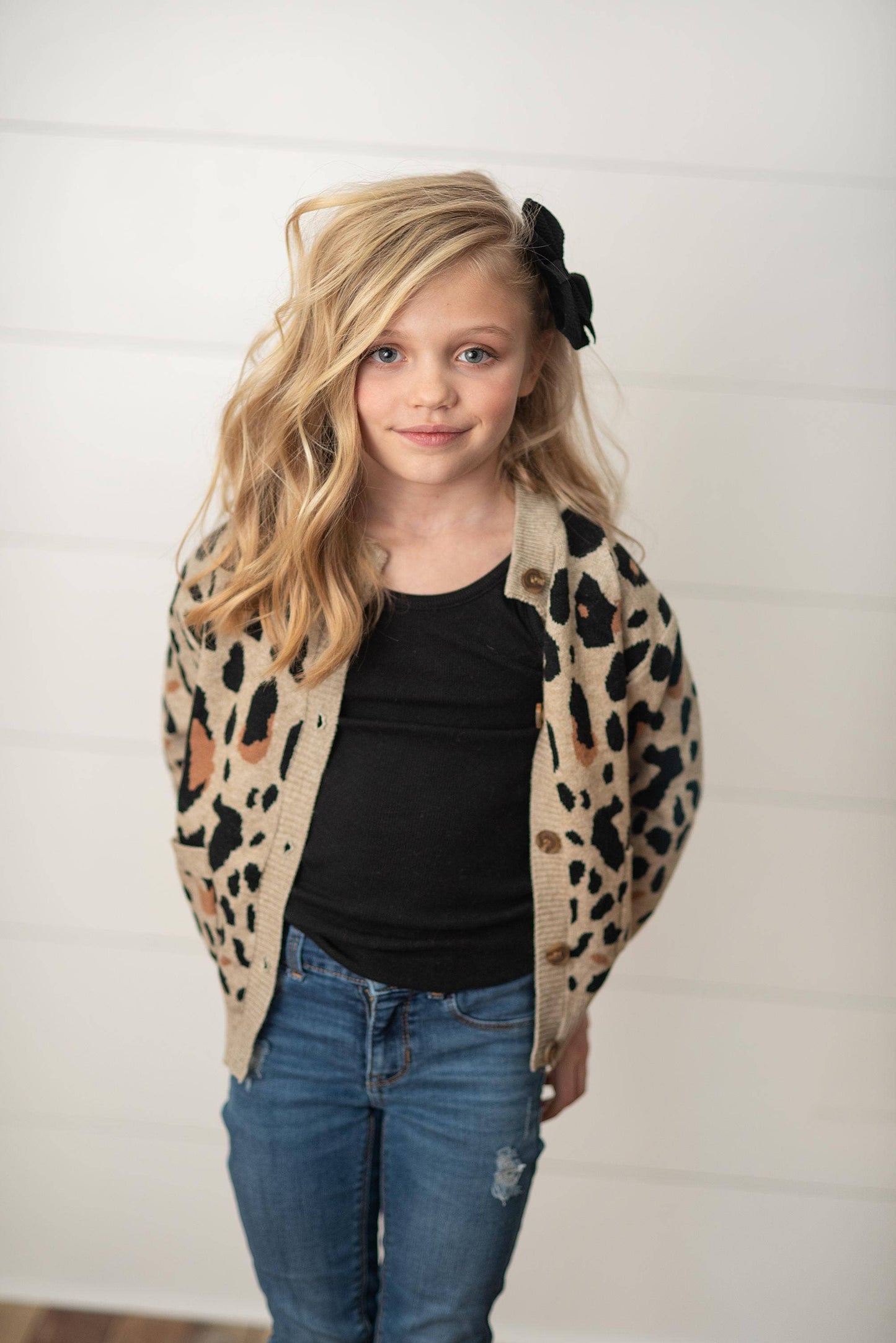 Kids Leopard Button Pocket Cardigan Fall Winter Sweater