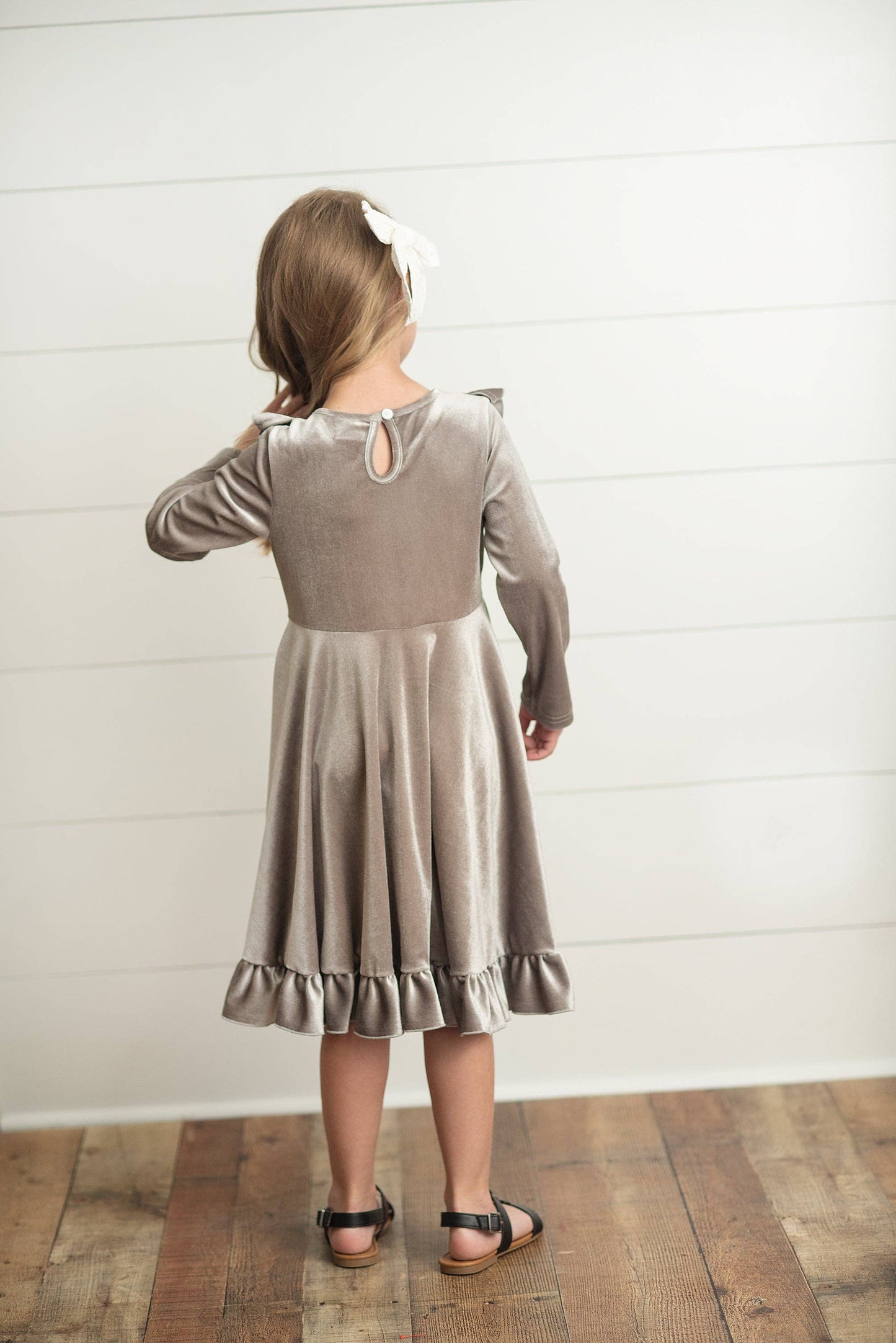 Kids Gray Silver Velvet Ruffle Fancy Christmas Party Dress