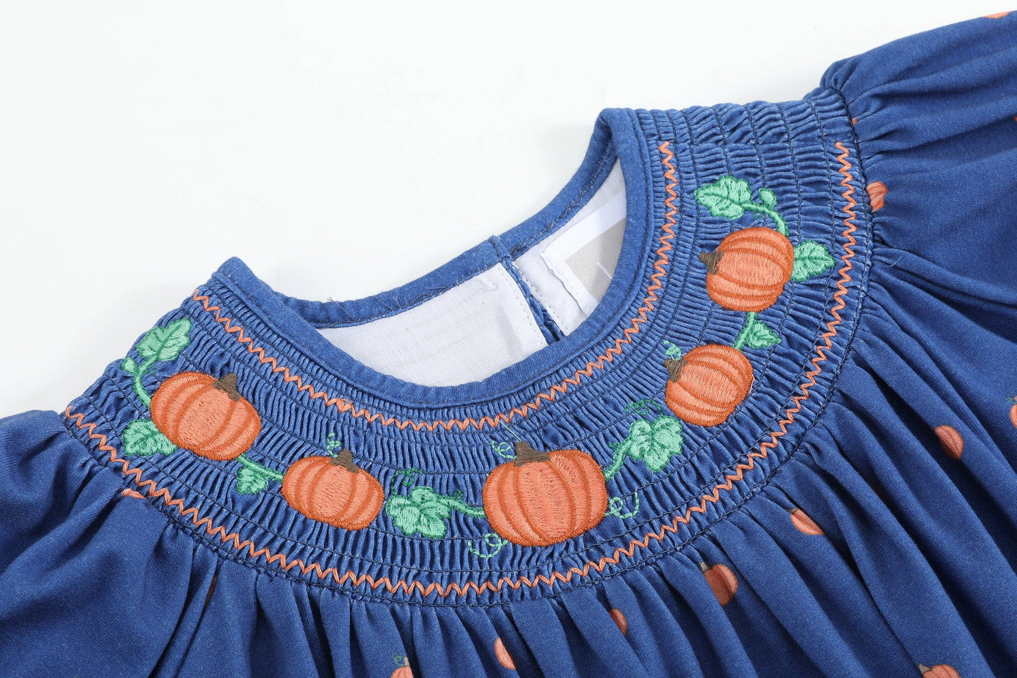Blue Pumpkin Print Knit Smocked Bishop Dress